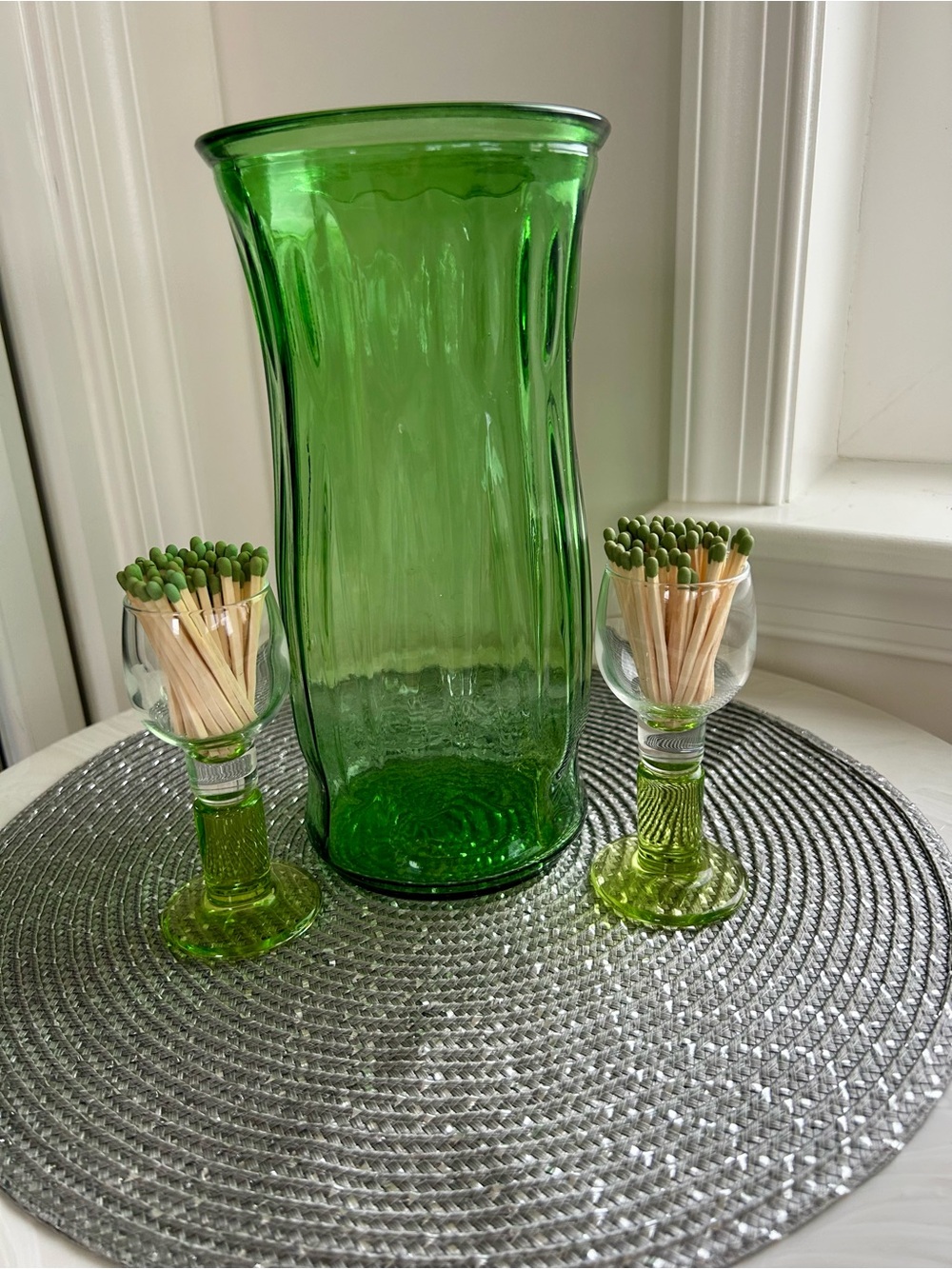 Bundle of lucky green vintage E.O.Brody vase w 2 mini matchstick holders